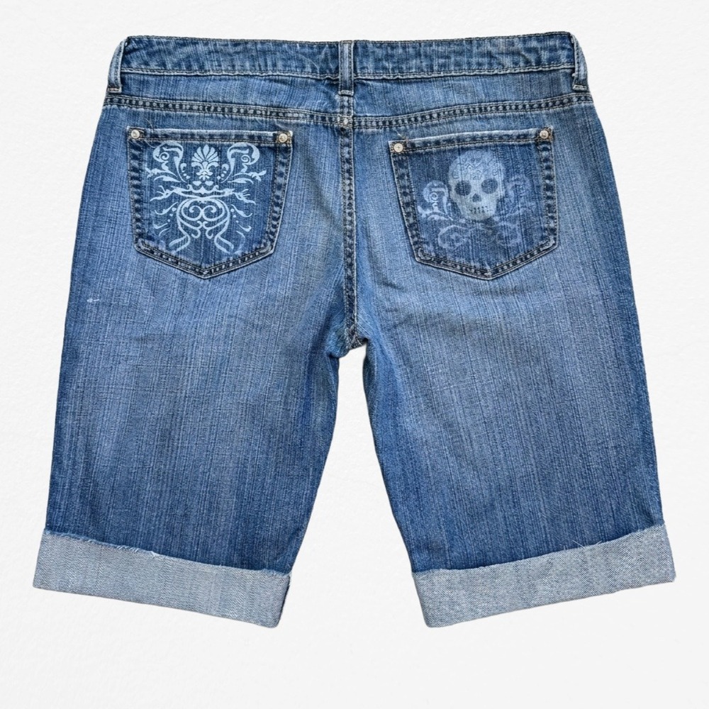 No Boundaries Y2K Denim Bermuda Shorts Skull Graphic Blue Juniors 11 Cotton